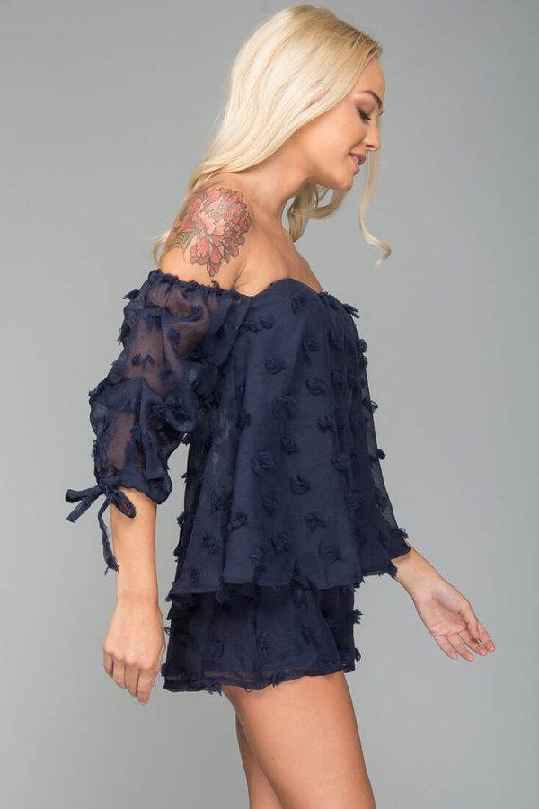 Stefani Heart Shaped Off the Shoulder Romper Navy Cheap