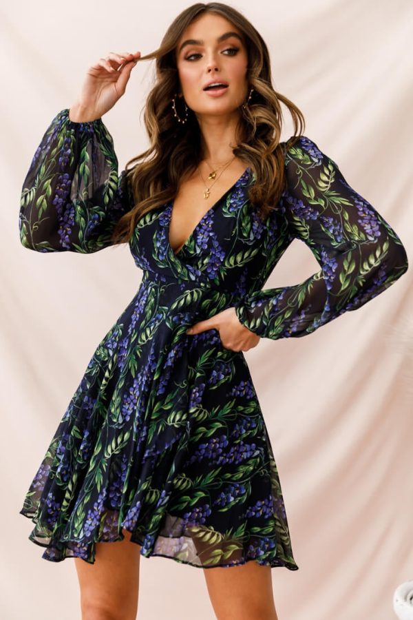 Wisteria Lane Long Sleeve Tea Dress Navy For Sale