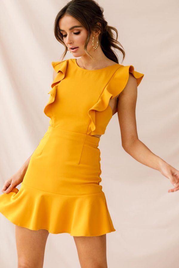 Jackie Wide Ruffle Hem Pinafore Dress Mustard Hot on Sale