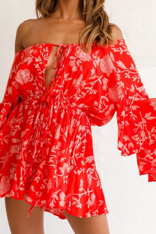 Fiona Drawstring Floral Romper Red Online now