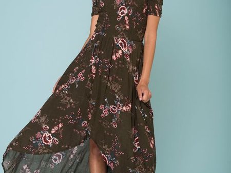 Summer Picnic Floral Print High Low Midi Dress Khaki Online now