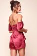 Aly Off the Shoulder Dressy Satin Romper Red Wine Online