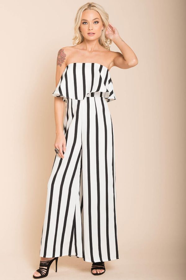 Posh Pin Stripe Ruffle Jumpsuit White Fashion