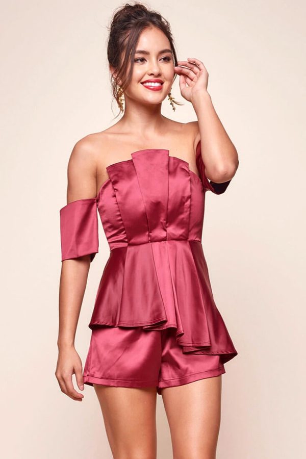 Aly Off the Shoulder Dressy Satin Romper Red Wine Online