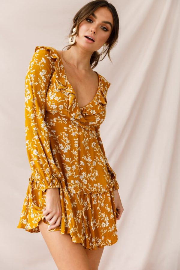 Brentwood Lace Up Babydoll Dress Mustard Online Sale