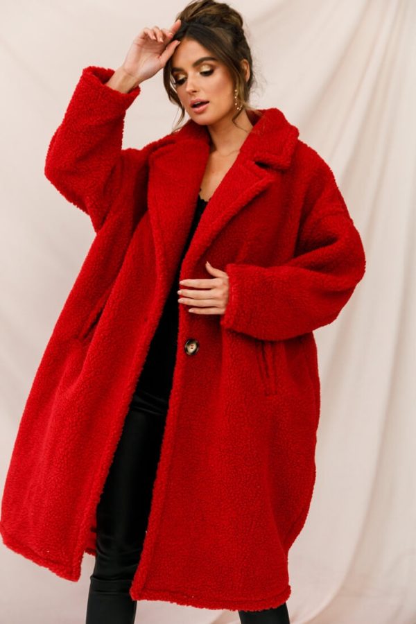 Berlin Notched Lapel Longline Fleece Coat Red Online