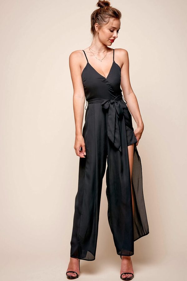 Carrie High Slit Chiffon Jumpsuit Black Sale