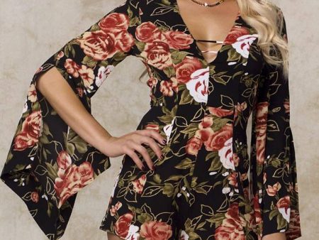 Zane Long Bell Sleeve Floral Romper Black Fashion