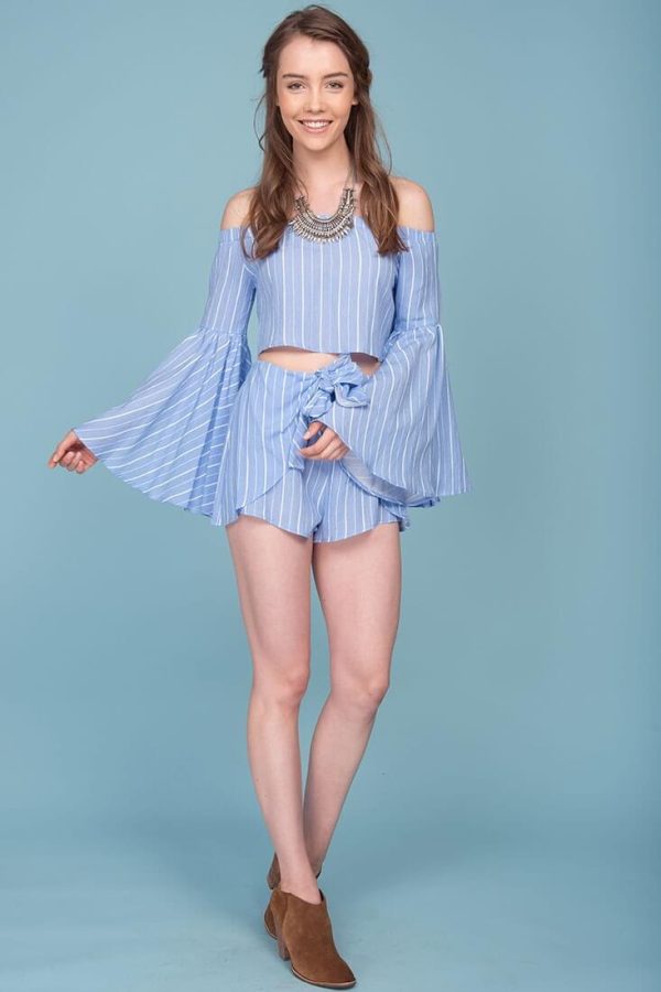 Blaine Bell Sleeve Off The Shoulder Pinstripe Top Blue For Sale