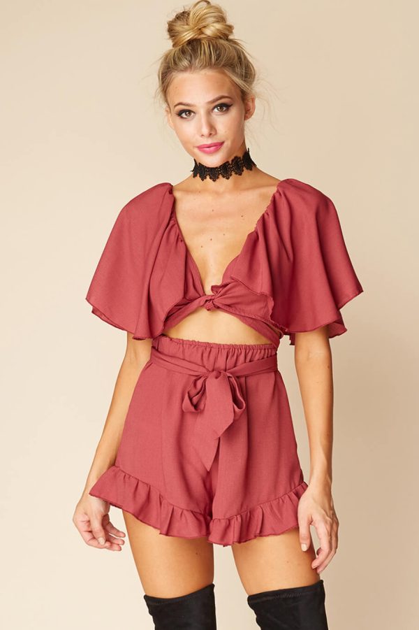 Shelly Ruffled cutout Romper Rose For Sale