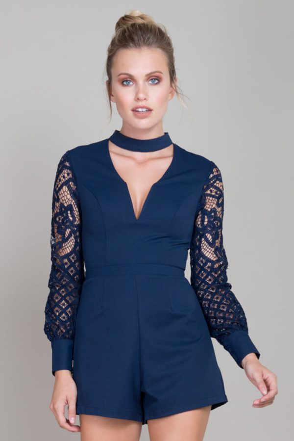 Vana Lacey Choker Romper Navy Hot on Sale