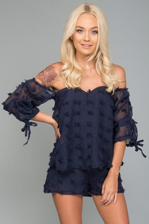 Stefani Heart Shaped Off the Shoulder Romper Navy Cheap