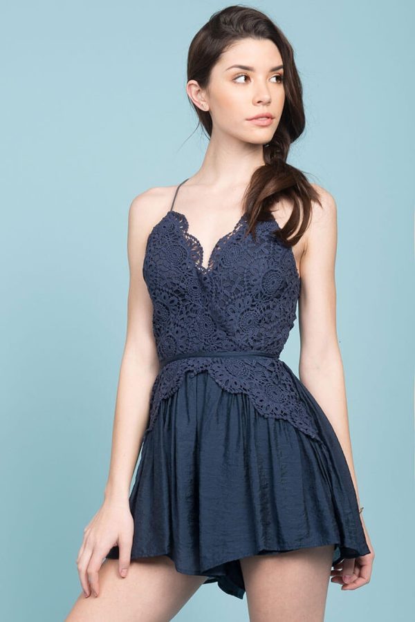 Henley Lace Top Romper Navy For Cheap