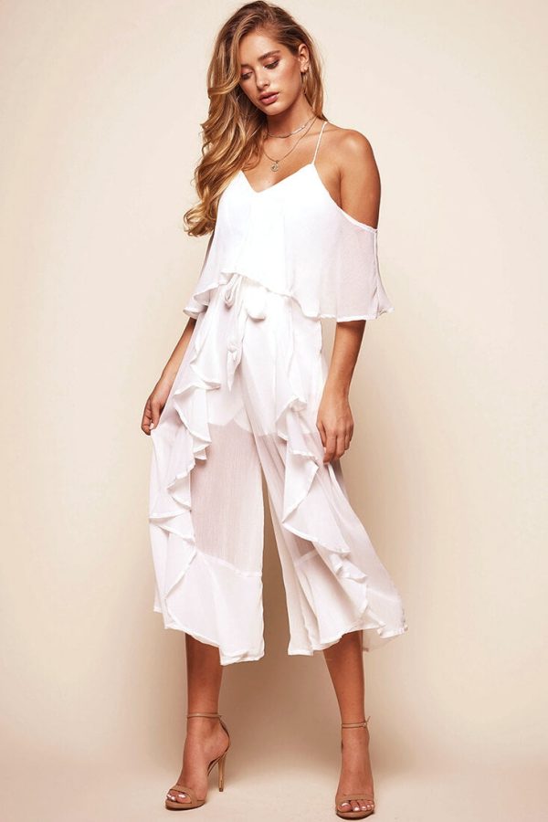 Constance Midi Ruffle Jumpsuit White on Sale