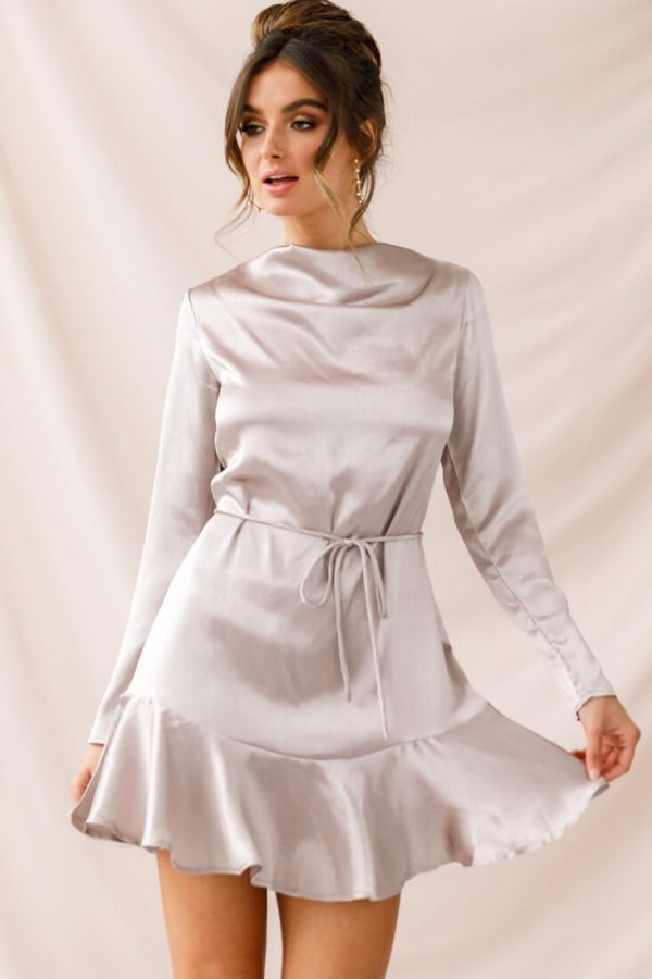 Interstellar Ruffle Hem Long Sleeve Dress Champagne Sale