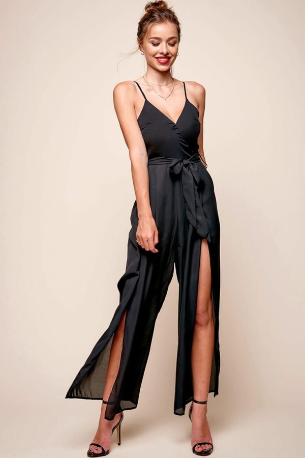 Carrie High Slit Chiffon Jumpsuit Black Sale