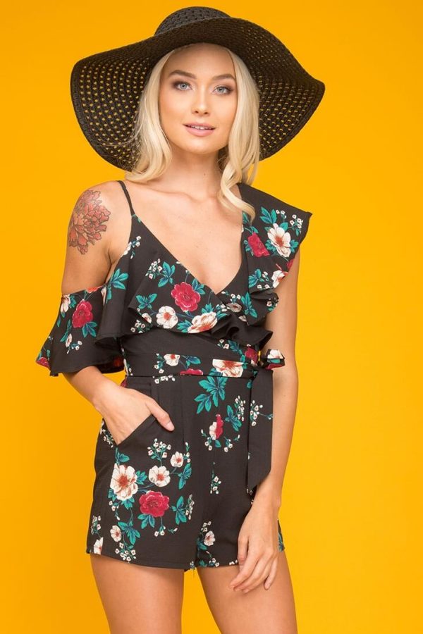 Sadie Floral Ruffled Collar Romper Black Print Online now