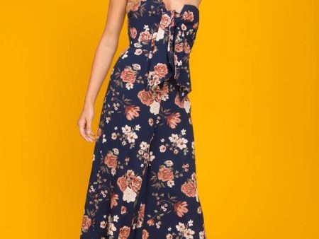 Khloe Floral Summer Bow Tie Jumpsuit Navy For Cheap