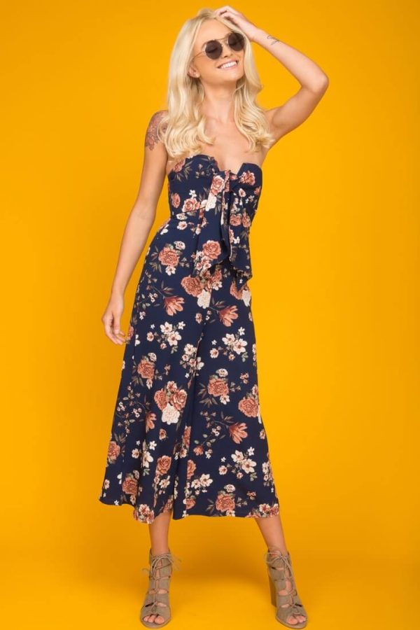 Khloe Floral Summer Bow Tie Jumpsuit Navy For Cheap