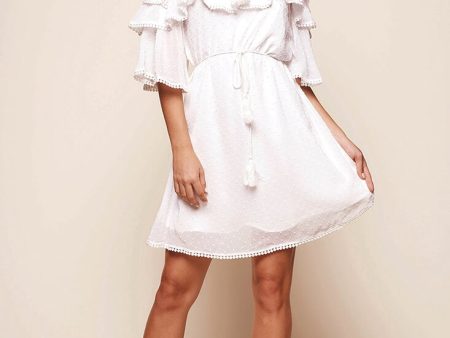 Springtime Hail Spot Chiffon Off Shoulder Dress White Hot on Sale