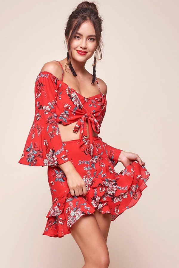 Bellisario Floral Ruffle Caribbean Skirt Red Supply