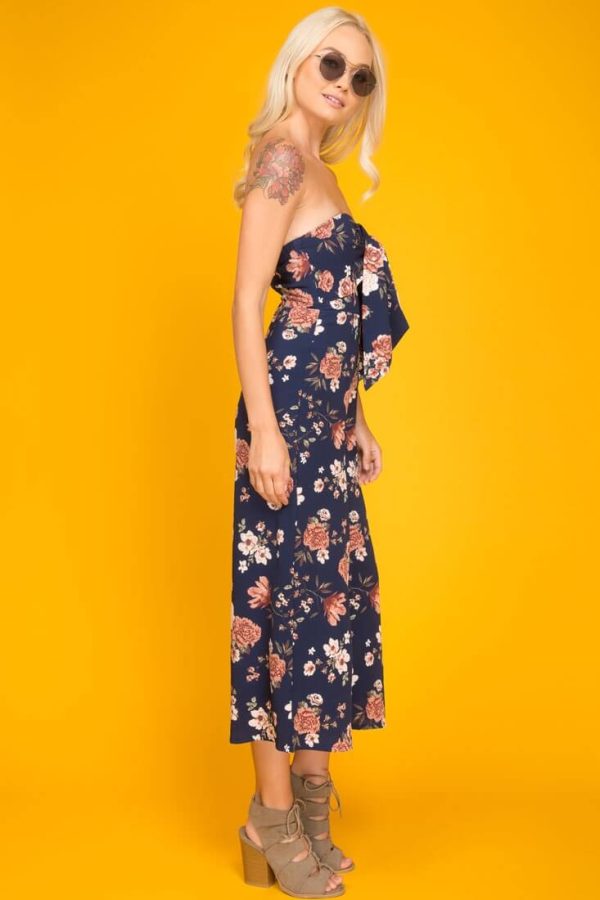 Khloe Floral Summer Bow Tie Jumpsuit Navy For Cheap