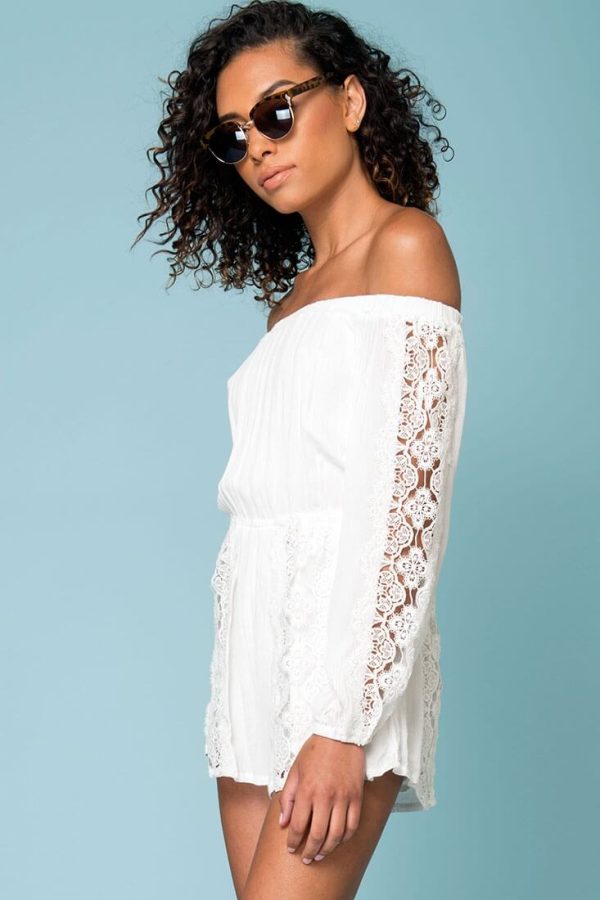 Eliana Off The Shoulder Lace Sleeve Romper White Online now