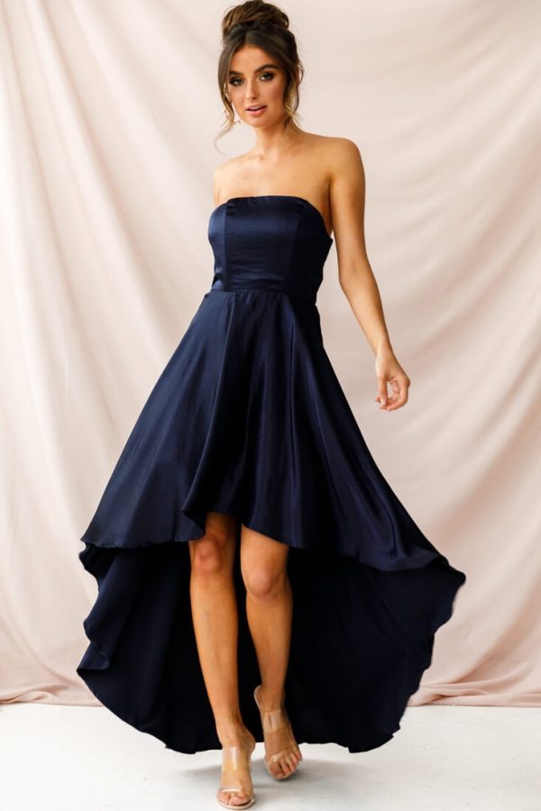 Belle Strapless High-Low Hem Dress Navy For Sale