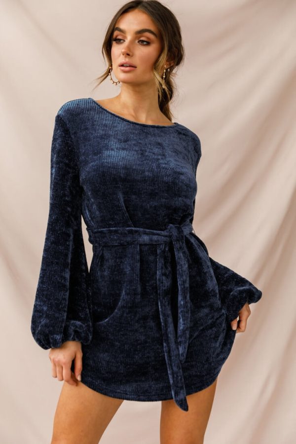 Diva Velvet Yarn Knit Dress Navy Hot on Sale