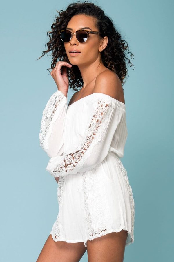 Eliana Off The Shoulder Lace Sleeve Romper White Online now