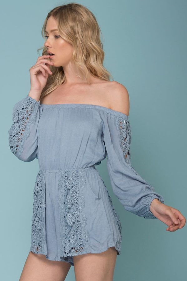 Eliana Off The Shoulder Lace Sleeve Romper Blue For Discount