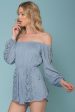 Eliana Off The Shoulder Lace Sleeve Romper Blue For Discount