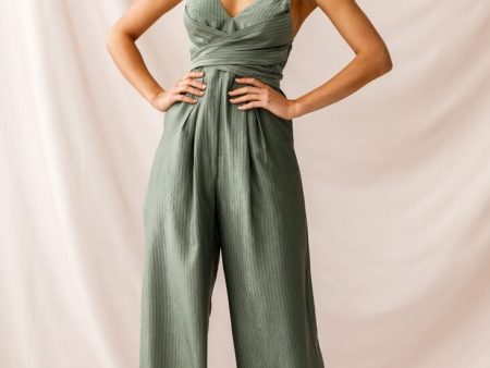 Nancy Wide Leg Pinstripe Jumpsuit Olive For Sale