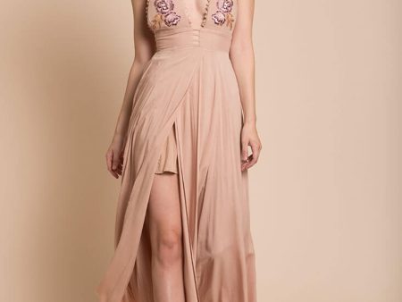 Summer Wedding Embroidered Floral Maxi Dress Mocha on Sale