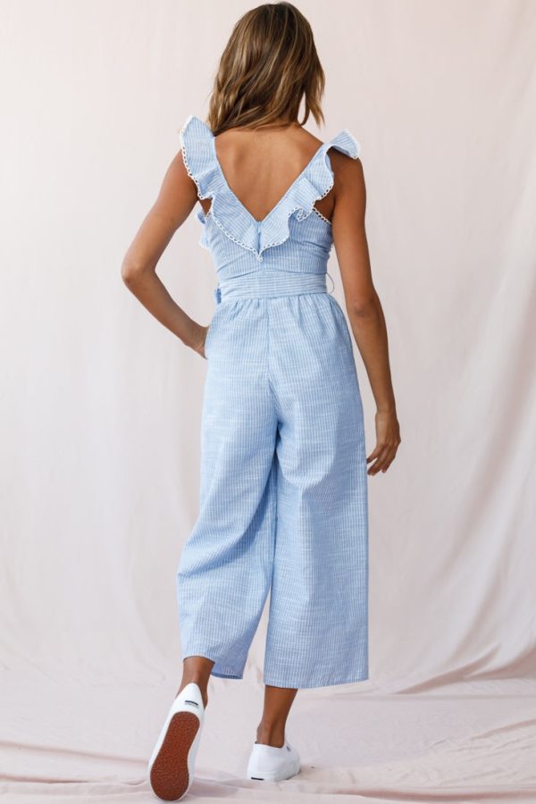 Danube Belted Waist Pinstripe Jumpsuit Blue Online now