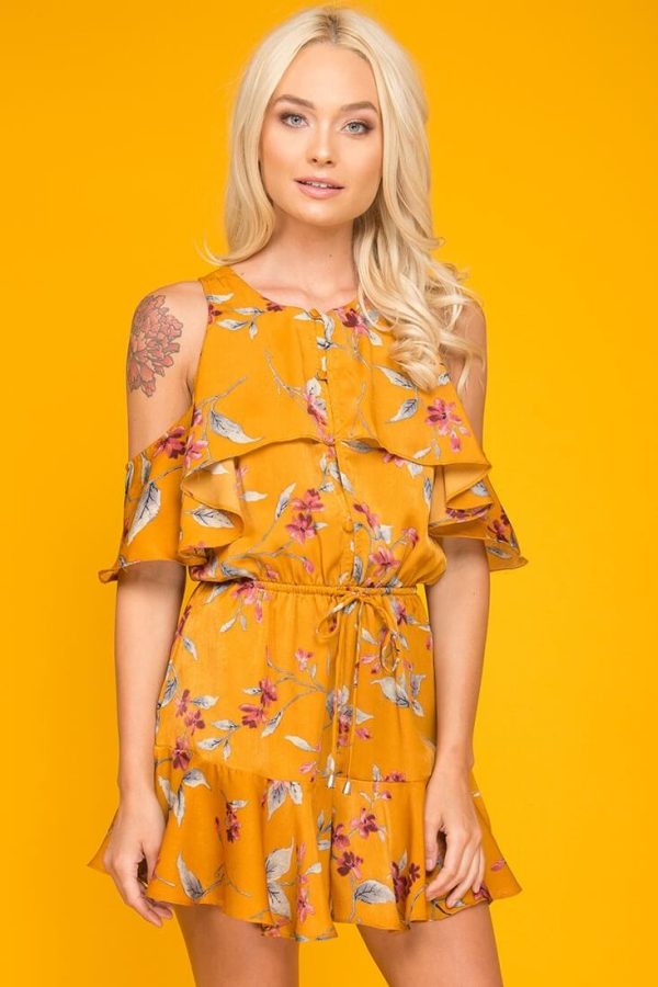 Camila Floral Off The Shoulder Romper Orange Supply