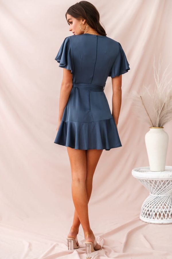 Cami Angel Sleeve Faux Wrap Dress Blue Cheap