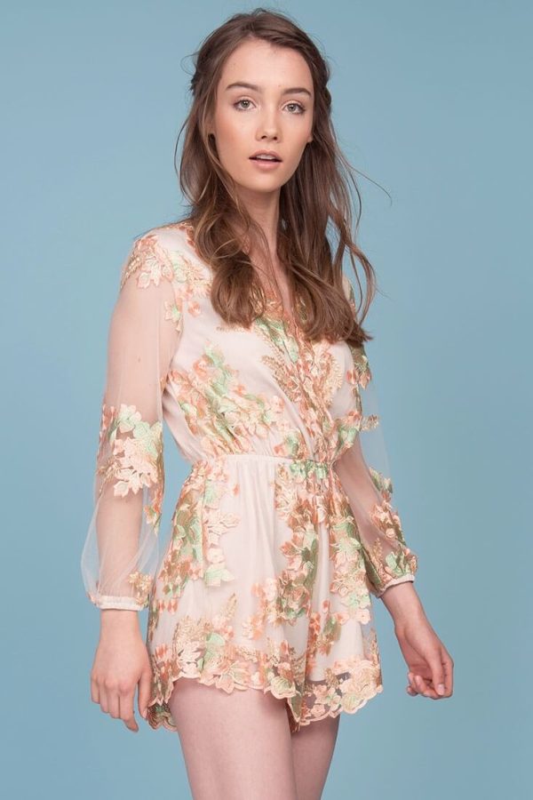 Emelia Embroidered Floral Romper Pink & Green Online now