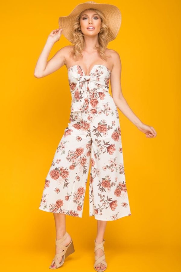 Khloe Floral Summer Bow Tie Jumpsuit White Hot on Sale