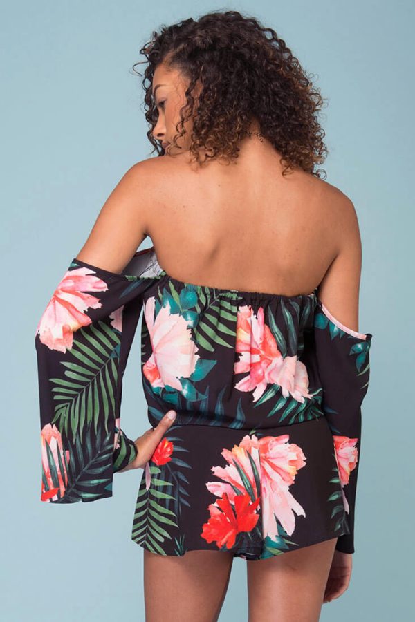 Alyssa Floral Off The Shoulder Romper Black Hot on Sale