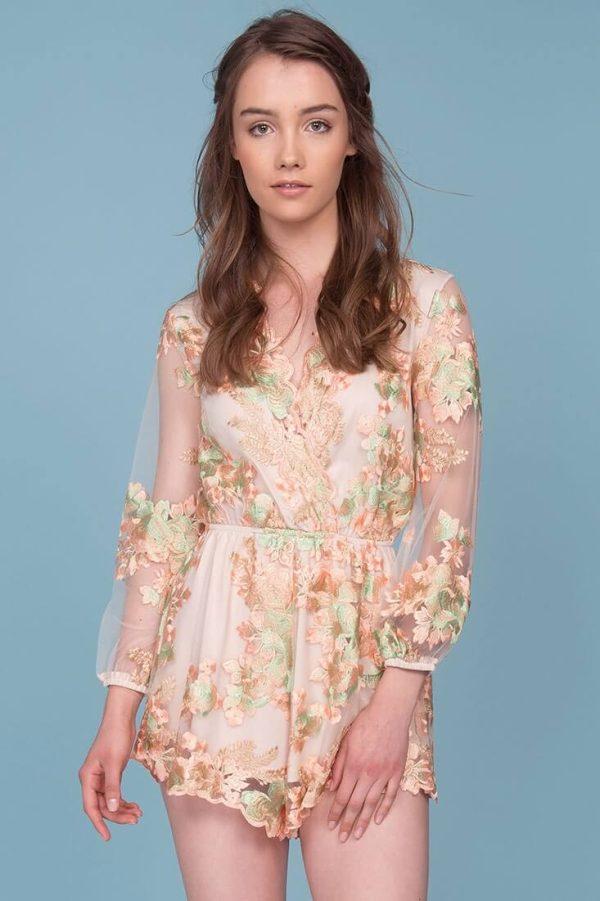 Emelia Embroidered Floral Romper Pink & Green Online now