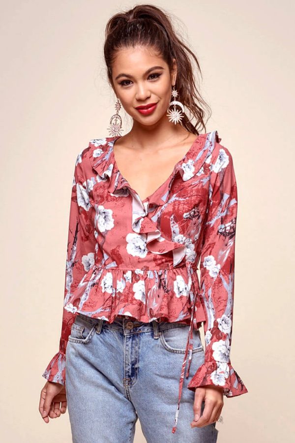 Bellamy Ruffled Bell Sleeve Floral Top Red Online