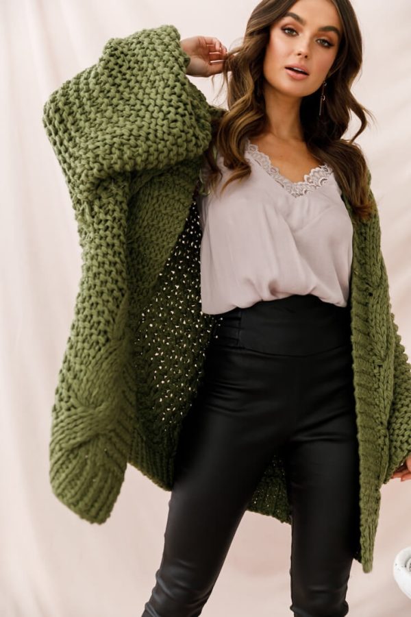 Vermont Oversized Garter Knit Cardigan Olive Sale