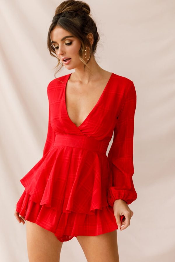 Maddox Fit & Flare Long Sleeve Romper Red Hot on Sale