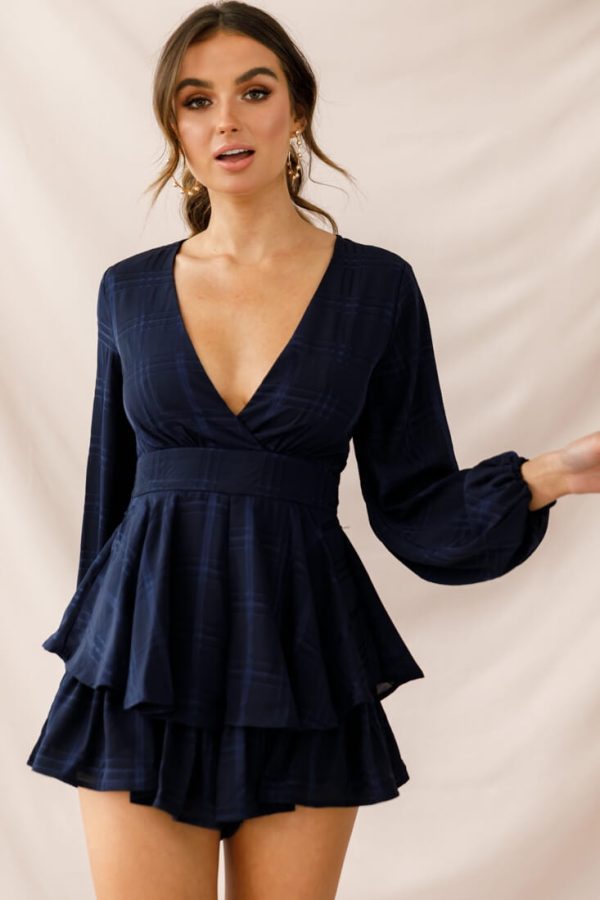 Maddox Fit & Flare Long Sleeve Romper Navy For Discount