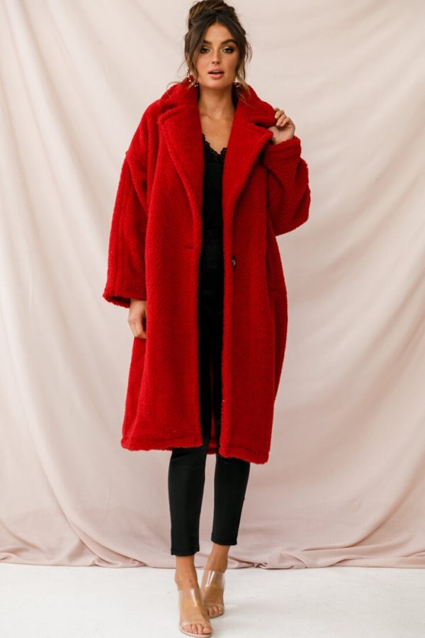 Berlin Notched Lapel Longline Fleece Coat Red Online