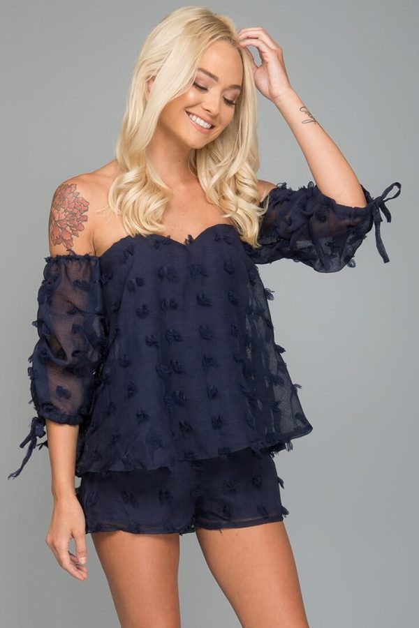 Stefani Heart Shaped Off the Shoulder Romper Navy Cheap