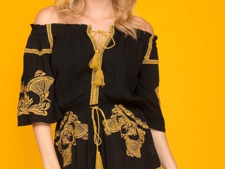 Gabriella Embroidered Tassel Romper Black For Sale