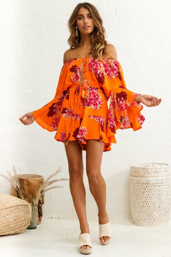 Fiona Drawstring Waist Romper Orange For Discount