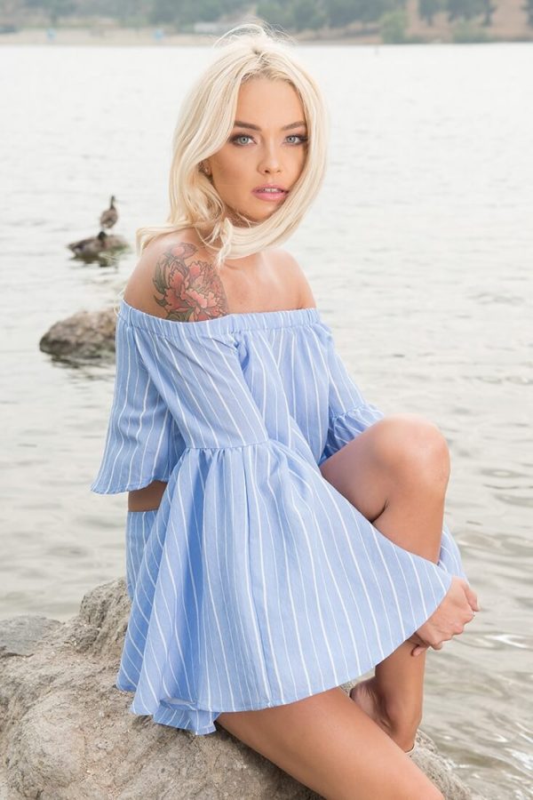 Blaine Bell Sleeve Off The Shoulder Pinstripe Top Blue For Sale